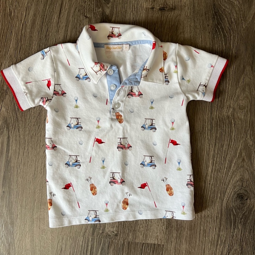Kids Polo Shirt with Fun Golf Cart Pattern - White and Red